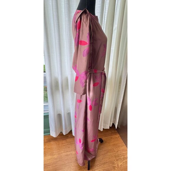 Vintage 80s dress, mauve, hot pink, fuchsia floral, wide shoulders, batwing - Picture 7 of 10
